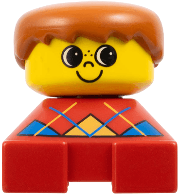 Duplo 2 x 2 x 2 Figure Brick, Red Base with Blue Argyle Sweater Pattern, Yellow Head with Freckles on Nose, Dark Orange Male Hair