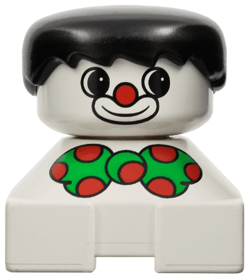 LEGO Duplo 2 x 2 x 2 Figure Brick Clown White Base Green Bow with Red Dots Black Hair White Face (2327pb18) Duplo Minifigure
