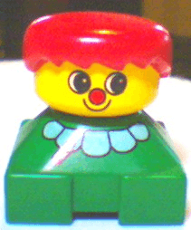 Duplo 2 x 2 x 2 Figure Brick, Clown, Green Base with White Collar, Yellow Head with Red Nose, Red Hair
