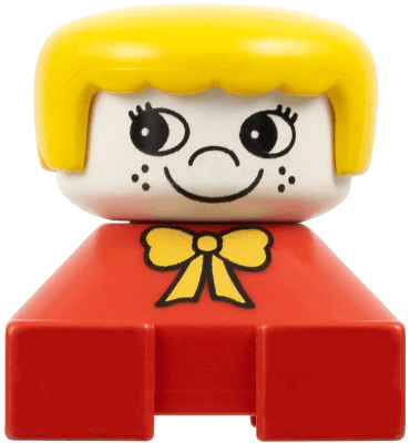 Duplo 2 x 2 x 2 Figure Brick, Red Base with Yellow Bow, White Head with Eyelashes and Freckles, Yellow Hair