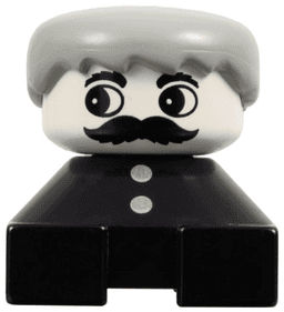 Duplo 2 x 2 x 2 Figure Brick, Black Base with Two Buttons, Gray Hair, White Face with Moustache