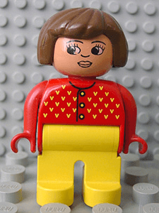 LEGO Duplo Figure Female Red Sweater with Yellow V Stitching Brown Hair Turned Down Nose (4555pb008b) Duplo Minifigure