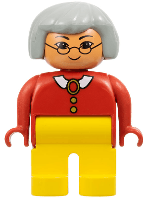 Duplo Figure - Female, Adult Woman, Yellow Legs, Red Top with Collar, Buttons, and Brooch Pattern, Light Gray Hair, Nougat Head (75500)