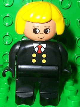 Duplo Figure, Female, Black Legs, Red Tie and Black Suit, Yellow Hair
