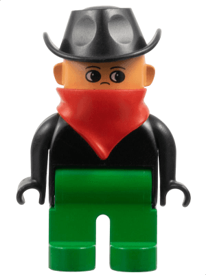 LEGO Duplo Figure Male Black Top Red Scarf Cowboy Hat (Western Bad Guy) (4555pb024) Duplo Minifigure
