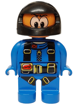 Duplo Figure, Male Action Wheeler, Blue Racing Suit with Harness Straps, Black Racing Helmet (4141891)