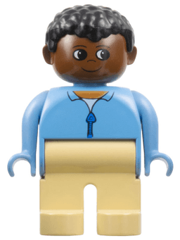 Duplo Figure, Male, Tan Legs, Blue Zippered Jacket, Black Curly Hair, Brown Head
