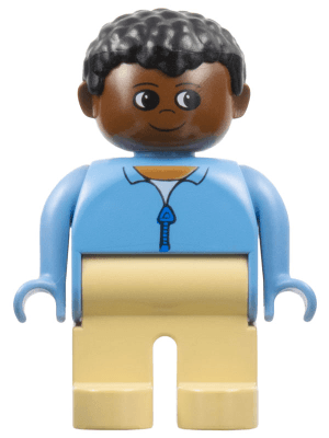 Duplo Figure, Male, Tan Legs, Blue Zippered Jacket, Black Curly Hair, Brown Head