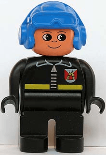 LEGO Duplo Figure Male Fireman Black Top with Fire Logo and Zipper Blue Aviator Helmet (4555pb044) Duplo Minifigure