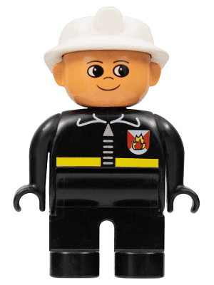 LEGO Duplo Figure Male Fireman Black Top with Fire Logo and Zipper White Fire Helmet (4555pb045) Duplo Minifigure