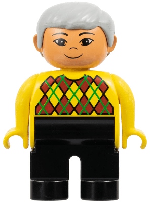 Duplo Figure - Male, Adult Man, Black Legs, Yellow Top with Argyle Pattern, Light Gray Hair, Nougat Head (75499)