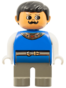 Duplo Figure, Male, Dark Gray Legs, Blue Top with Gold Necklace and Belt, Moustache (4171807)