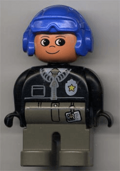 LEGO Duplo Figure Male Police Black Top with Zipper Tie and Badge Blue Aviator Helmet (4555pb060) Duplo Minifigure