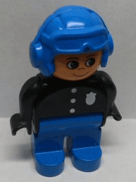 LEGO Duplo Figure Male Police Black Top with 3 Buttons and Badge Blue Aviator Helmet and Nose B (4555pb062a) Duplo Minifigure