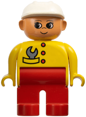 LEGO Duplo Figure Female Yellow Top with Red Buttons & Wrench in Pocket Construction Hat White (4555pb077) Duplo Minifigure