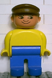 Duplo Figure, Male, Blue Legs, Yellow Top, Brown Cap, no White in Eyes Pattern
