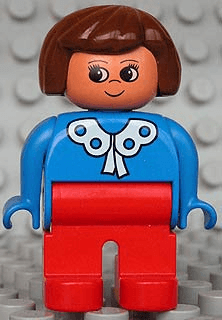 Duplo Figure - Female, Adult Woman, Red Legs, Blue Top with Lace Collar Pattern, Brown Hair, Nougat Head (75472)