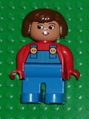 LEGO Duplo Figure Female Red Top with Blue Overalls Brown Hair Turned Down Nose (4555pb093) Duplo Minifigure