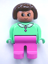 LEGO Duplo Figure Female Dark Pink Legs Medium Green Blouse with Heart Buttons Brown Hair (4555pb097) Duplo Minifigure