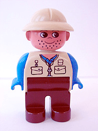 Duplo Figure, Male, Brown Legs, Tan Top, Blue Arms, Tan Pith Helmet, Facial Stubble