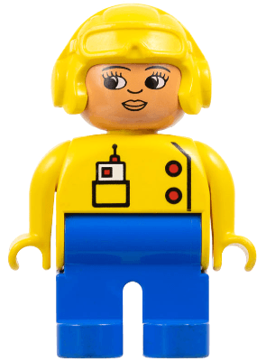 LEGO Duplo Figure Female Yellow Top with Radio in Pocket Yellow Aviator Helmet Eyelashes Turned (4555pb107) Duplo Minifigure