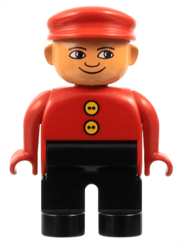 Duplo Figure, Male, Black Legs, Red Top with 2 Yellow Buttons, Red Cap