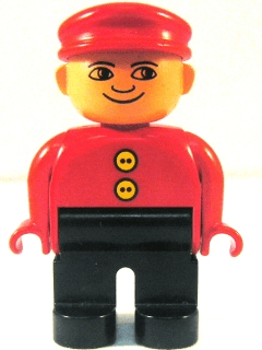 Duplo Figure, Male, Black Legs, Red Top with 2 Yellow Buttons, Red Cap, no White in Eyes Pattern