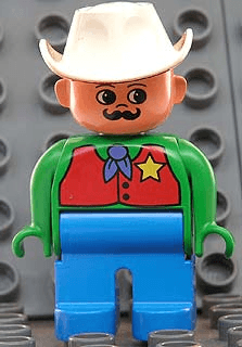 LEGO Duplo Figure Male Green Top with Red Vest with Sheriff Star Moustache White Cowboy Hat (4555pb118) Duplo Minifigure