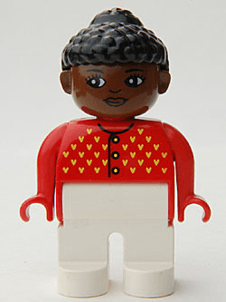 LEGO Duplo Figure Female Red Sweater with Yellow V Stitching and Buttons Black Curly Hair in Bun (4555pb123) Duplo Minifigure