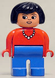 Duplo Figure, Female, Blue Legs, Red Top with Necklace, Black Hair