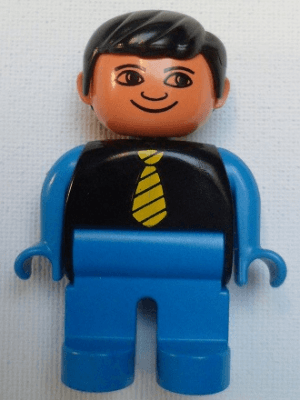 Duplo Figure, Male, Blue Legs, Black Top with Yellow Tie, Blue Arms, Black Hair