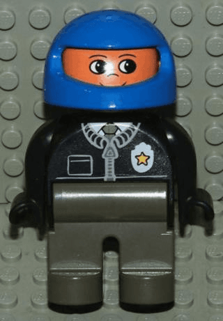 LEGO Duplo Figure Male Police Black Top with Zipper Tie and Badge Blue Racing Helmet (4555pb135) Duplo Minifigure