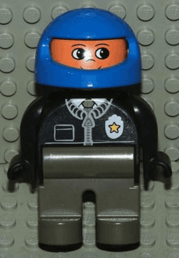 Duplo Figure, Male Police, Dark Gray Legs, Black Top with Zipper, Tie and Badge, Blue Racing Helmet
