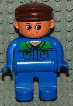 LEGO Duplo Figure Male Blue Top with Green Collar and Pocket Tabs Brown Cap (4555pb137) Duplo Minifigure