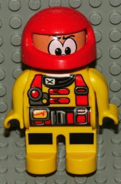 Duplo Figure, Male Action Wheeler, Yellow Legs, Yellow Top with Racer Pattern, Red Racing Helmet (4141909)