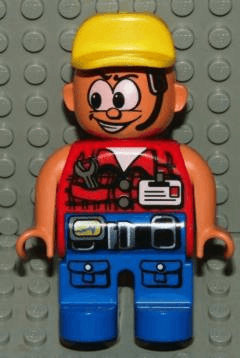Duplo Figure, Male Action Wheeler, Blue Legs with Belt & Pockets, Red Vest with Wrench & ID, Yellow Cap (4141906)