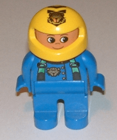 Duplo Figure, Male, Blue Legs, Blue Top with Green Suspenders and Tiger Logo, Yellow Helmet with Tiger