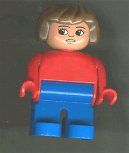 Duplo Figure, Female, Blue Legs, Red Top, Brown Hair, Eyelashes, Smile with Lips