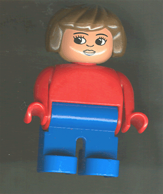 Duplo Figure, Female, Blue Legs, Red Top, Brown Hair, Eyelashes, Smile with Lips