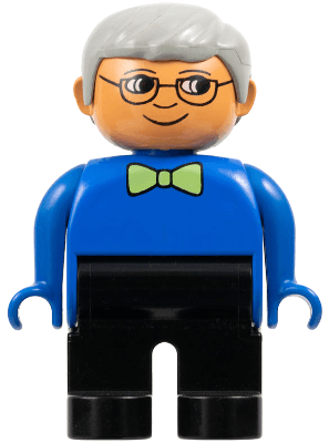 Duplo Figure, Male, Black Legs, Blue Top with Green Bow Tie, Gray Hair, Glasses