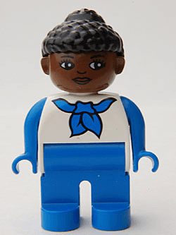 LEGO Duplo Figure Female White Top with Blue Sleeves and Scarf Black Curly Hair in Bun (4555pb186) Duplo Minifigure