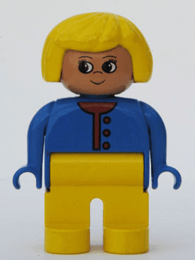 LEGO Duplo Figure Female Blue Sweater Unbuttoned with Red Buttons Yellow Hair (4555pb187) Duplo Minifigure