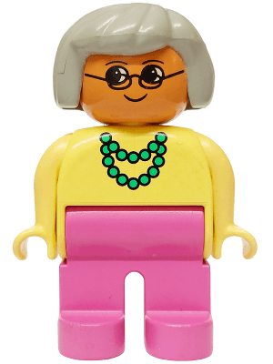 Duplo Figure, Female, Dark Pink Legs, Yellow Blouse with Green Necklace, Gray Hair