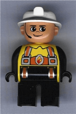 Duplo Figure, Male Fireman, Black Legs, Yellow Top with Flame and Orange Suspenders, White Fire Helmet, Headset