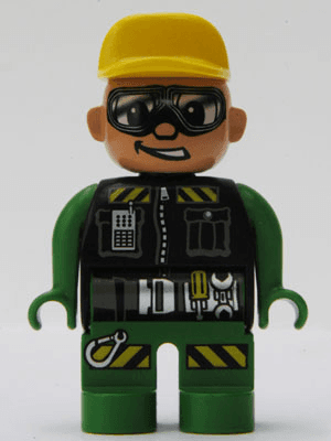 LEGO Duplo Figure Male Action Wheeler Green Top Yellow Hat Glasses (Construction Worker Driver) (4555pb197) Duplo Minifigure