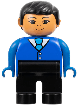 Duplo Figure - Male, Adult Man, Black Legs, Blue Top with Buttons and Tie Pattern, Black Hair, Nougat Head (75497)
