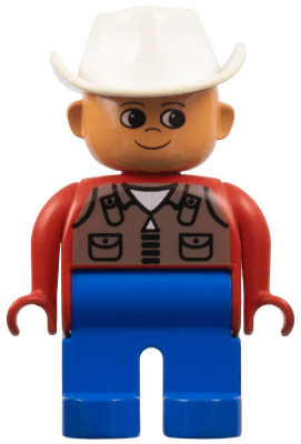 LEGO Duplo Figure Male Red Top with Dark Tan Zipper Vest White Cowboy Hat (4555pb202) Duplo Minifigure