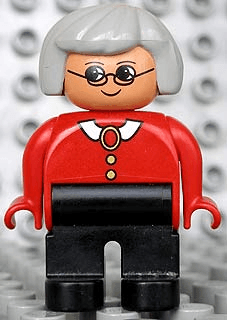 Duplo Figure, Female, Black Legs, Red Blouse with White Collar, Gray Hair, Glasses (75467)