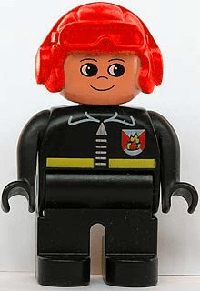 LEGO Duplo Figure Male Fireman Black Top with Fire Logo and Zipper Red Aviator Helmet (4555pb214) Duplo Minifigure