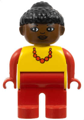 LEGO Duplo Figure Female Yellow Top with Red Necklace Black Curly Hair in Bun (4555pb223) Duplo Minifigure
